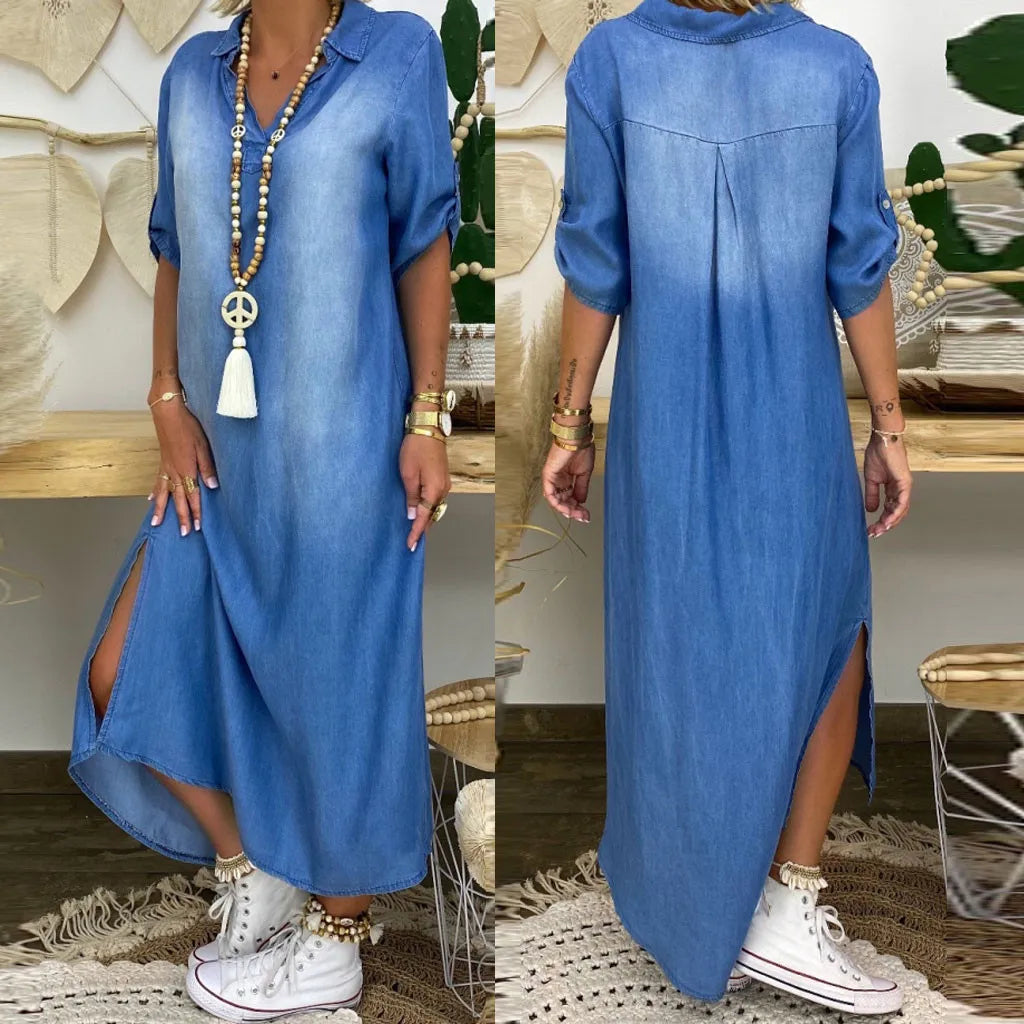 Lea™ – Pitkä farkkutyylinen mekko sivuhalkiolla