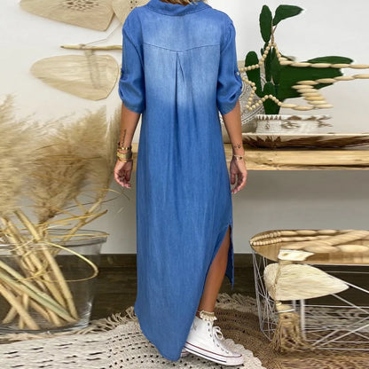 Lea™ – Pitkä farkkutyylinen mekko sivuhalkiolla